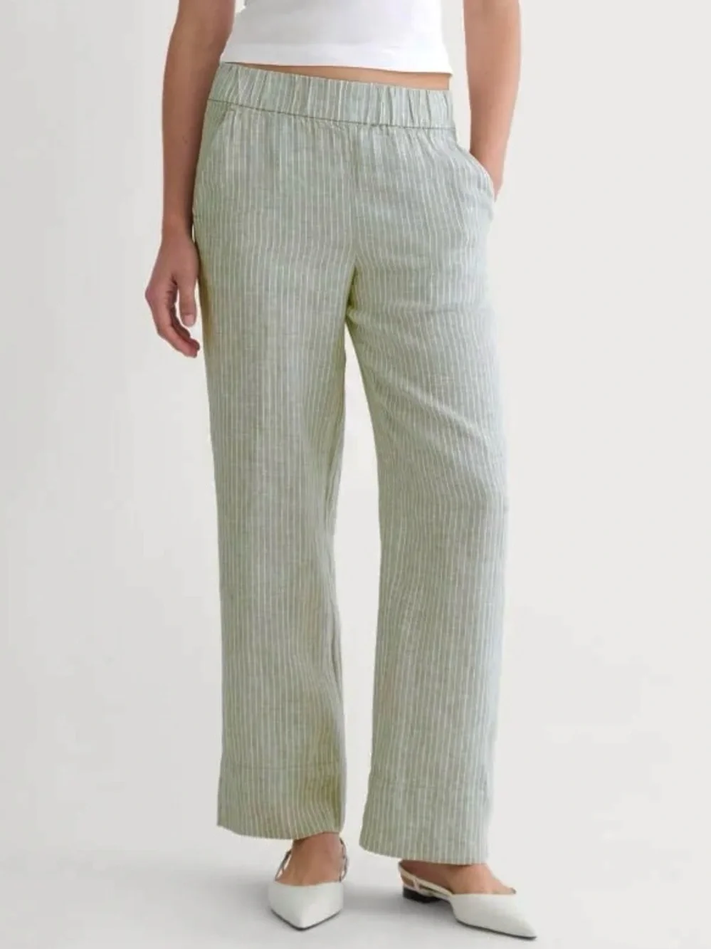 Everlane European Flax Sage Green White Stripe The Linen Easy Pant- Size XL
